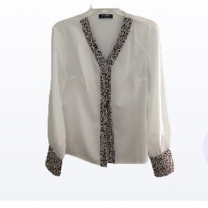 LEOPARD CHICME V Neck Button up Blouse with leopard accents